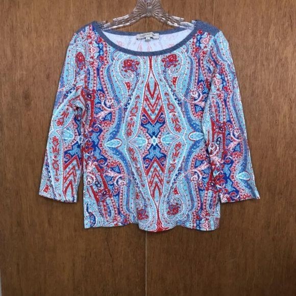 Jones New York Sport Blue Red Large Boho Print Top - Picture 6 of 11